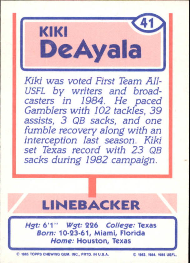 1985 Topps USFL #41 Kiki DeAyala back image