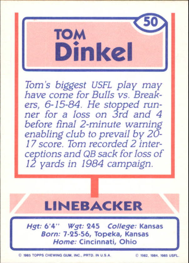 1985 Topps USFL #50 Tom Dinkel back image