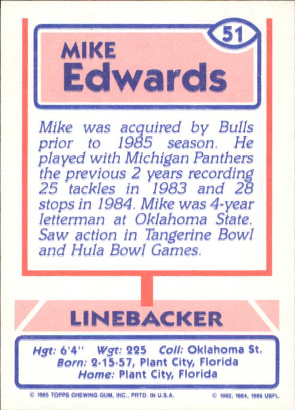 1985 Topps USFL #51 Mike Edwards LB back image