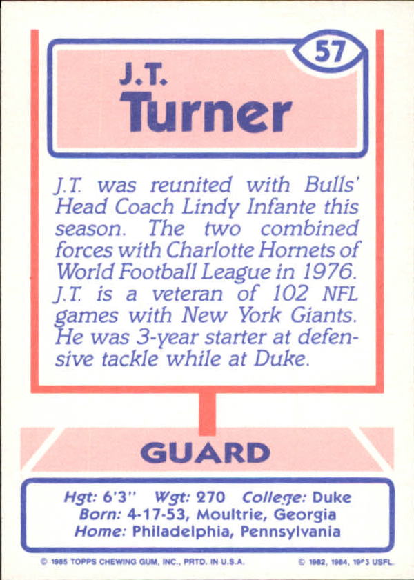 1985 Topps USFL #57 J.T. Turner back image