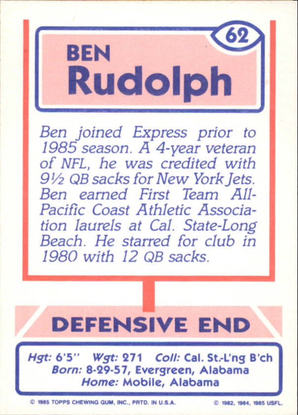 1985 Topps USFL #62 Ben Rudolph back image
