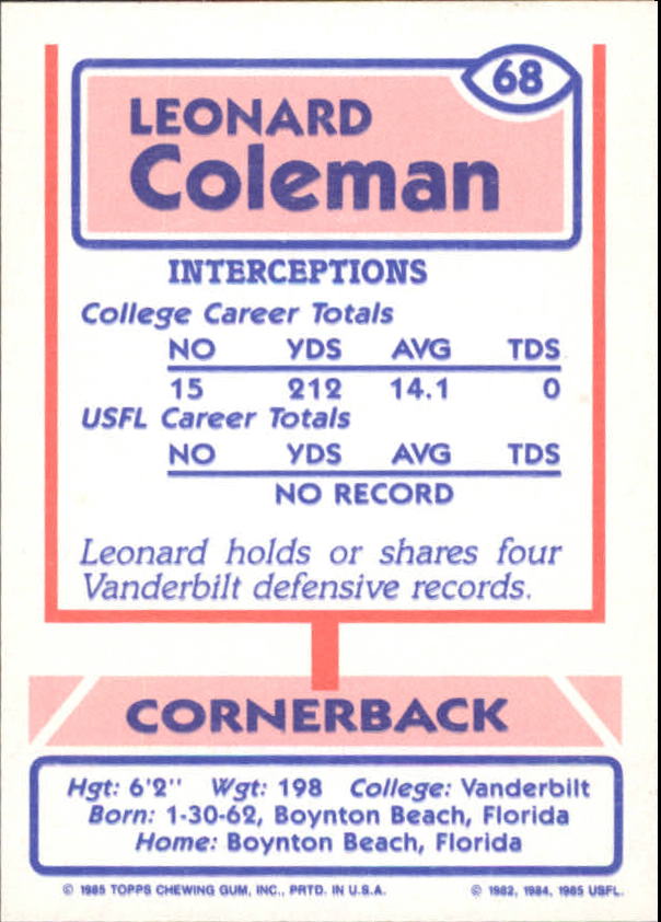 1985 Topps USFL #68 Leonard Coleman XRC back image
