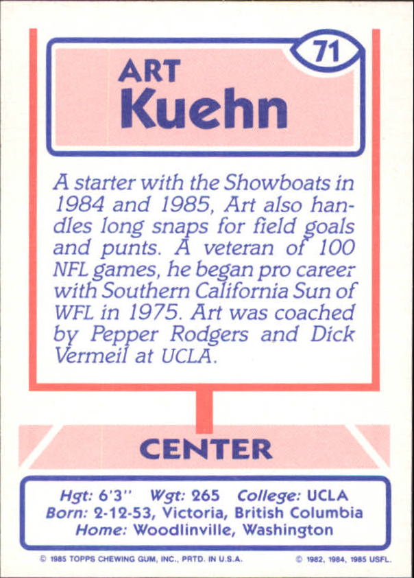 1985 Topps USFL #71 Art Kuehn back image