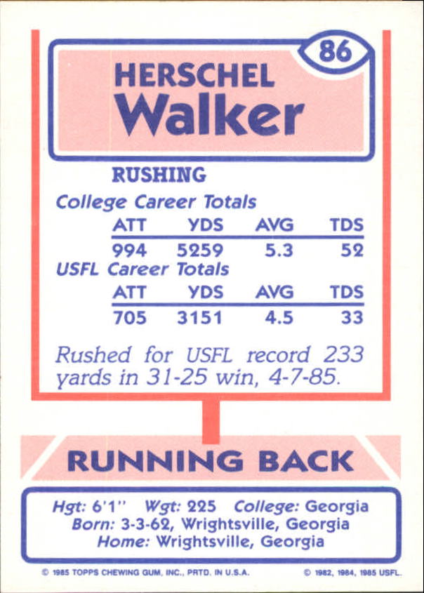 1984 Topps USFL Herschel Walker Rookie Card #74 & 85 USFL Herschel W Card  #86.