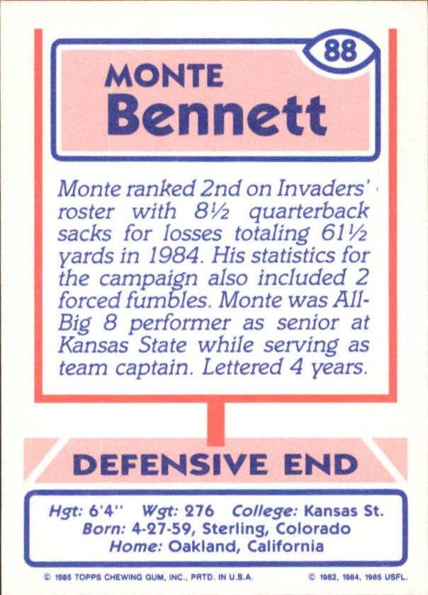 1985 Topps USFL #88 Monte Bennett back image