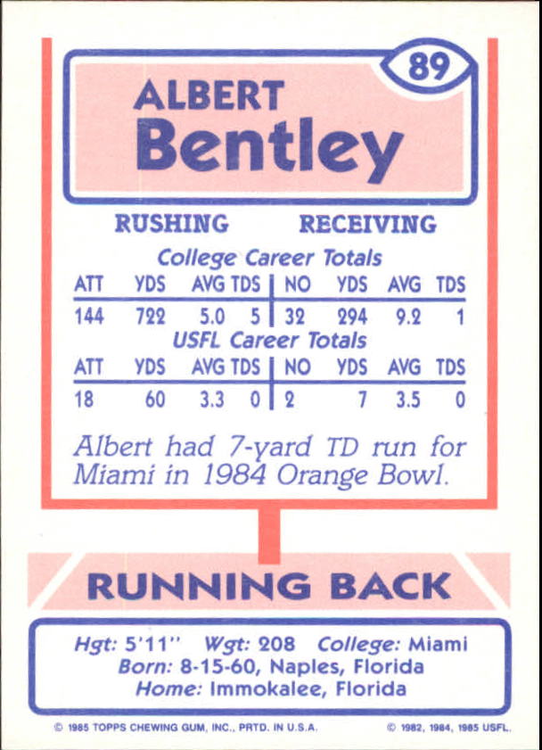 1985 Topps USFL #89 Albert Bentley XRC back image