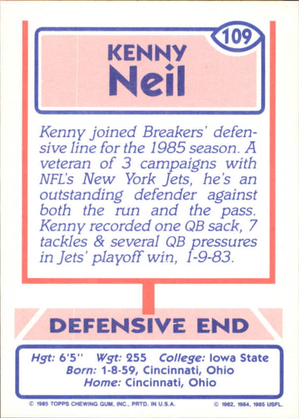 1985 Topps USFL #109 Kenny Neil back image