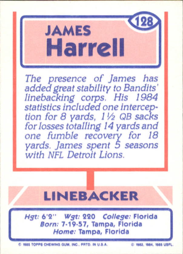 1985 Topps USFL #128 James Harrell XRC back image