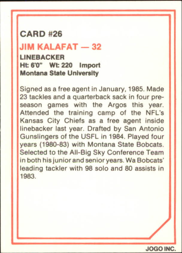 1985 JOGO #26 Jim Kalafat back image
