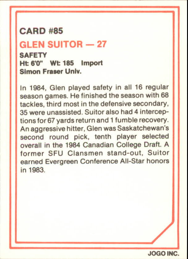 1985 JOGO #85 Glen Suitor back image