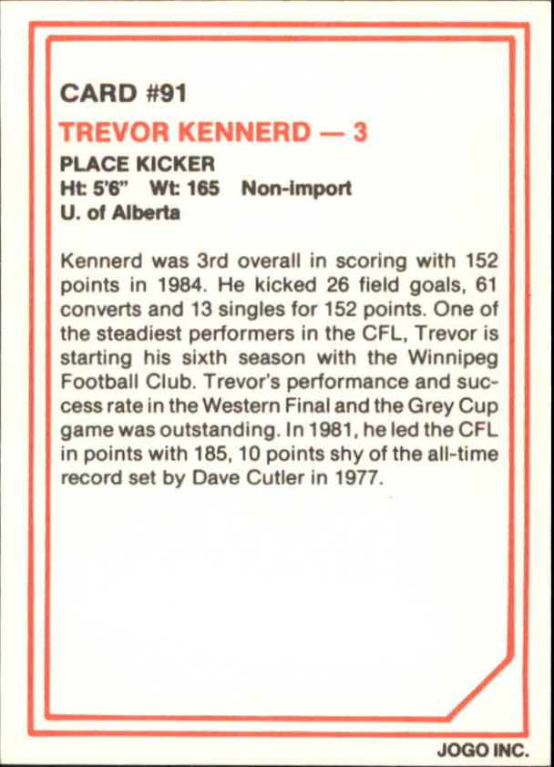 1985 JOGO #91 Trevor Kennerd back image