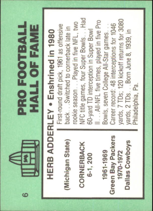 1985-88 Football Immortals #6 Herb Adderley back image