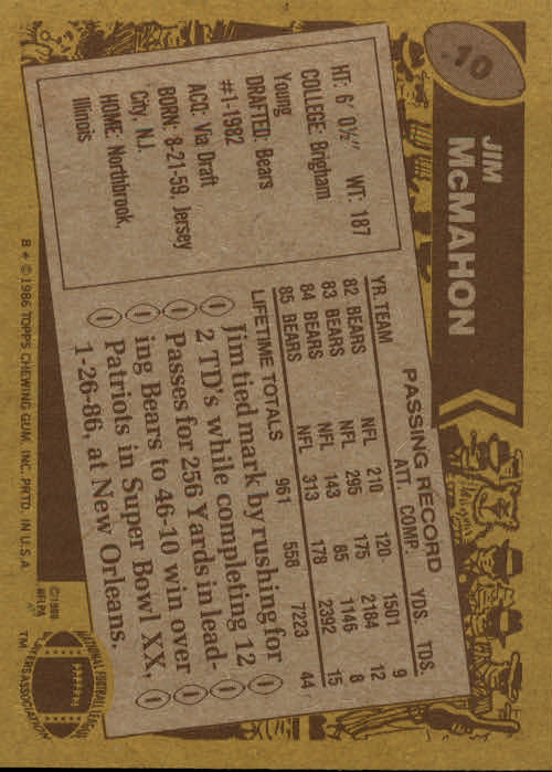 1986 Topps #10 Jim McMahon back image