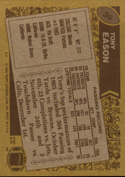 1986 Topps #30 Tony Eason back image