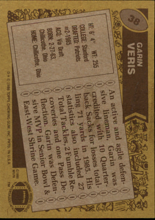 1986 Topps #38 Garin Veris RC back image