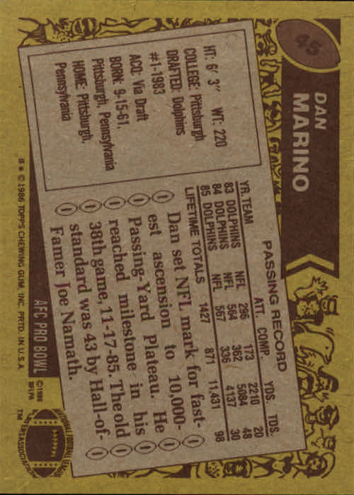 1986 Topps #45 Dan Marino AP back image