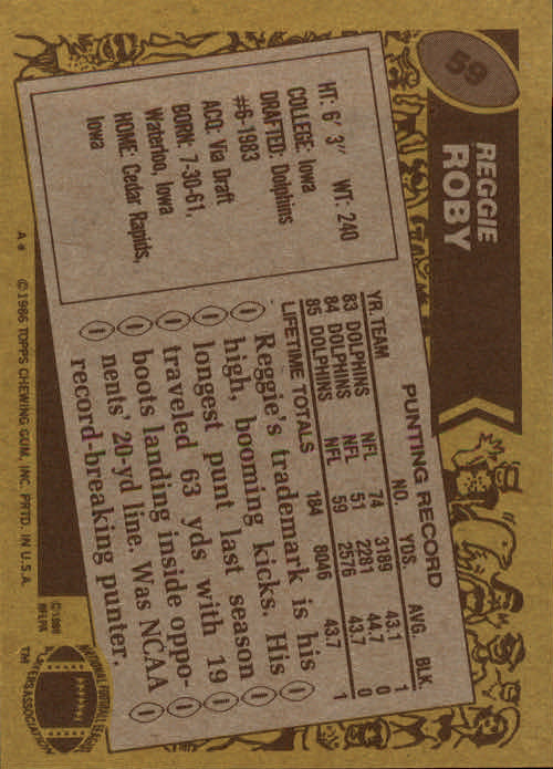 1986 Topps #59 Reggie Roby back image