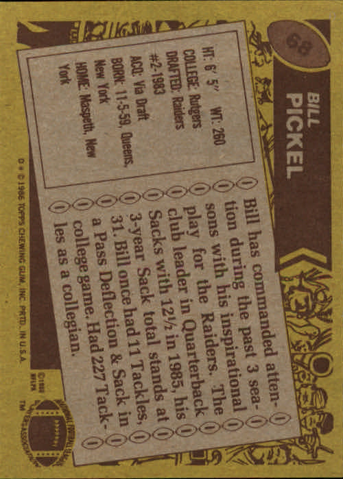 1986 Topps #68 Bill Pickel back image