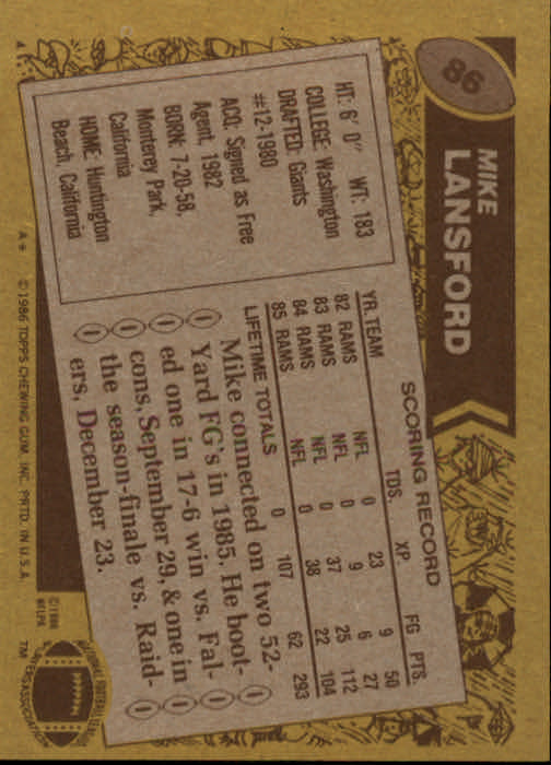 1986 Topps #86 Mike Lansford back image