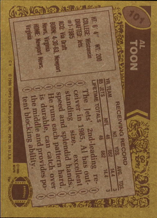 1986 Topps #101 Al Toon RC back image
