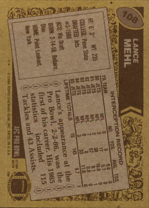 1986 Topps #108 Lance Mehl back image