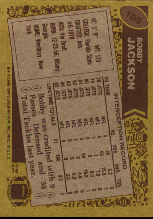 1986 Topps #109 Bobby Jackson back image