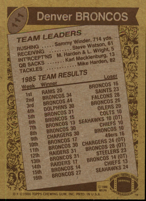 1986 Topps #111 Broncos TL/(Sammy Winder Up Middle) back image