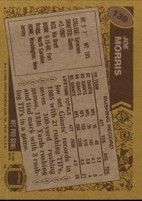 1986 Topps #139 Joe Morris back image