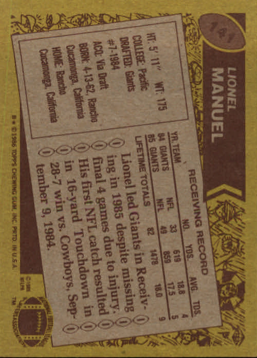 1986 Topps #141 Lionel Manuel back image