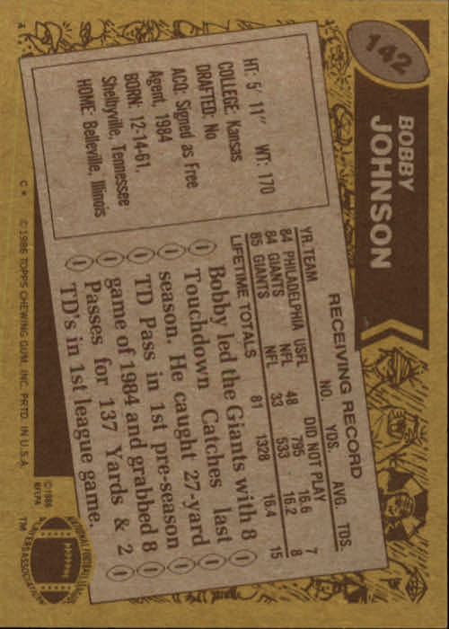 1986 Topps #142 Bobby Johnson back image