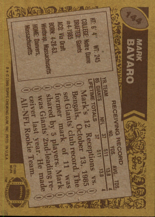 1986 Topps #144 Mark Bavaro RC back image