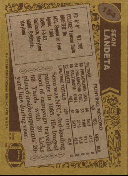 1986 Topps #154 Sean Landeta RC back image