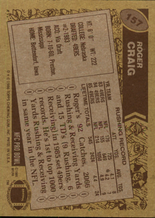 1986 Topps #157 Roger Craig back image
