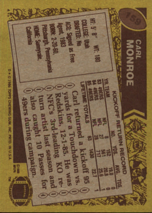 1986 Topps #159 Carl Monroe back image