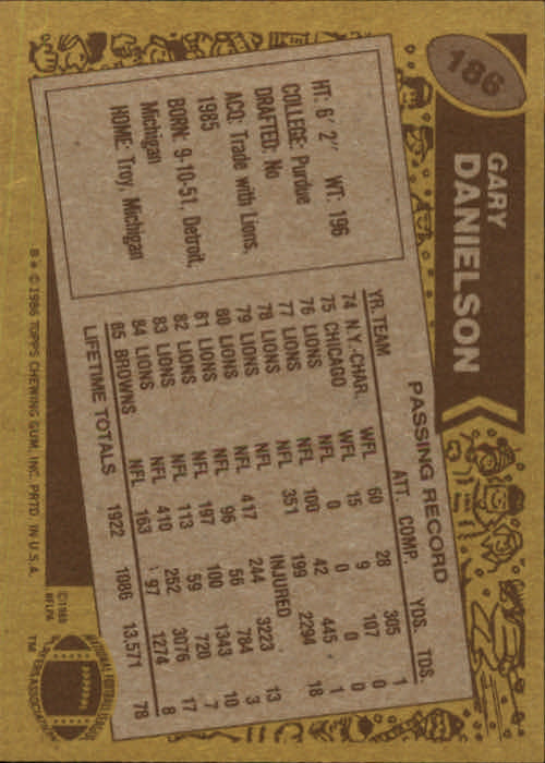 1986 Topps #186 Gary Danielson back image