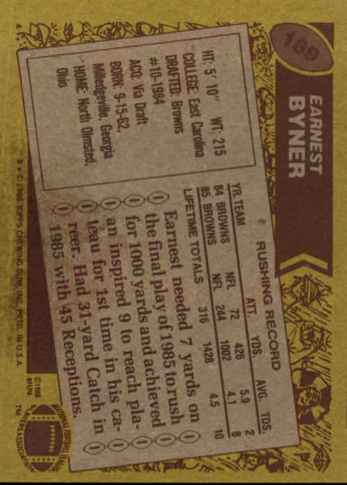 1986 Topps #189 Earnest Byner RC back image