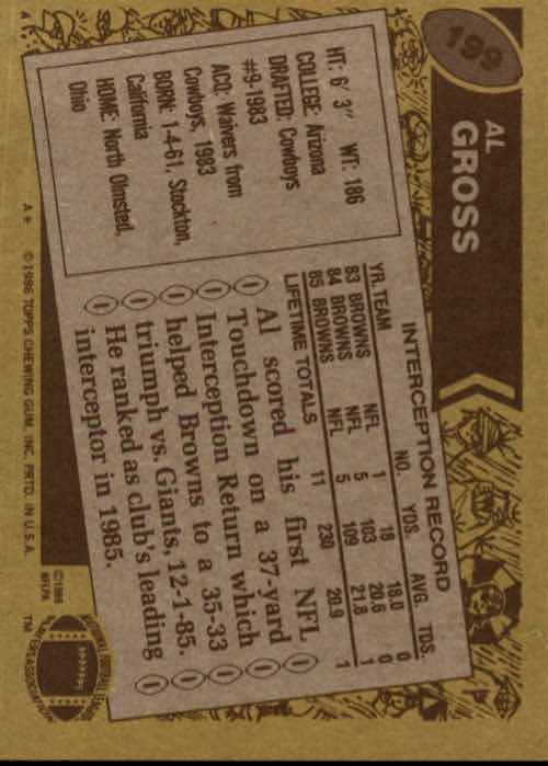 1986 Topps #199 Al Gross back image