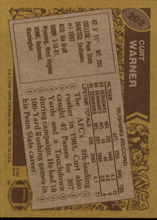 1986 Topps #202 Curt Warner back image