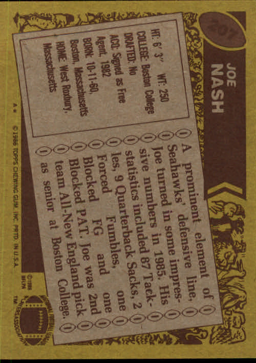 1986 Topps #207 Joe Nash back image