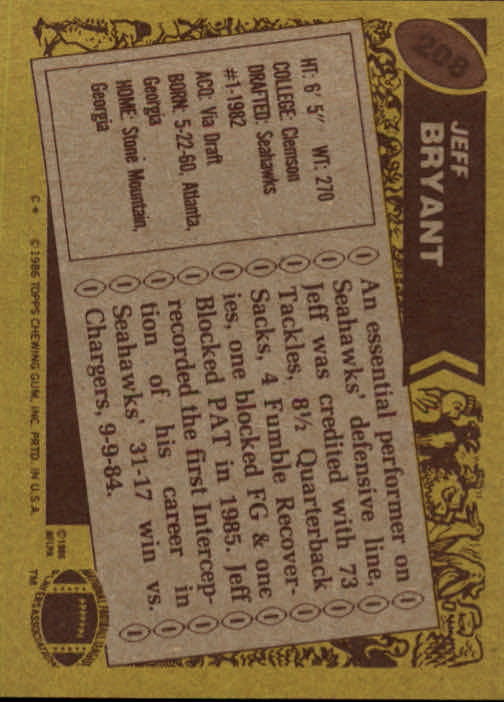 1986 Topps #208 Jeff Bryant back image