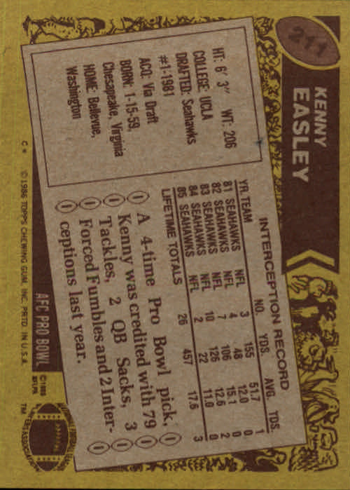 1986 Topps #211 Kenny Easley back image