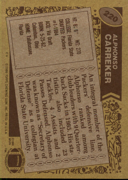1986 Topps #220 Alphonso Carreker RC back image