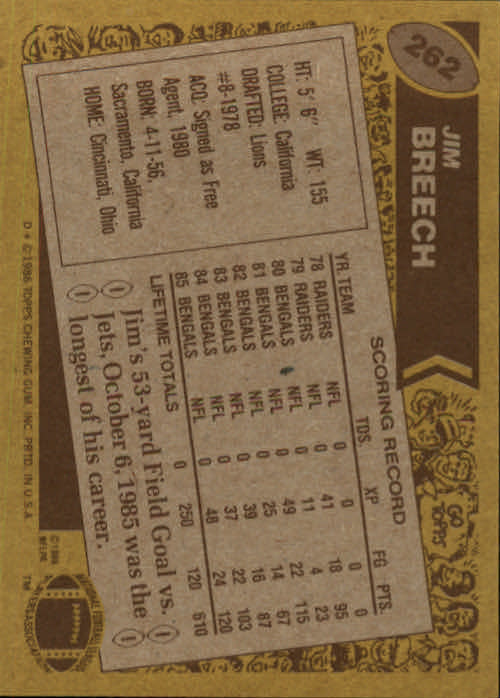1986 Topps #262 Jim Breech back image