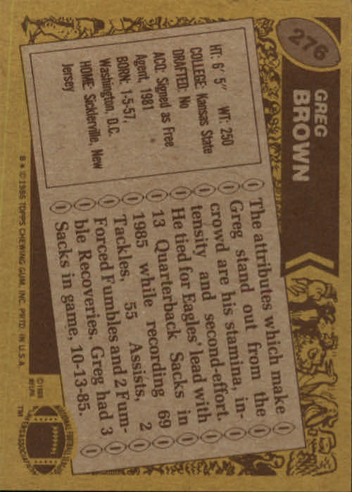 1986 Topps #276 Greg Brown back image