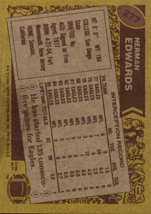 1986 Topps #277 Herman Edwards back image