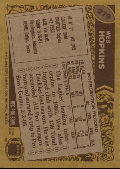 1986 Topps #279 Wes Hopkins back image