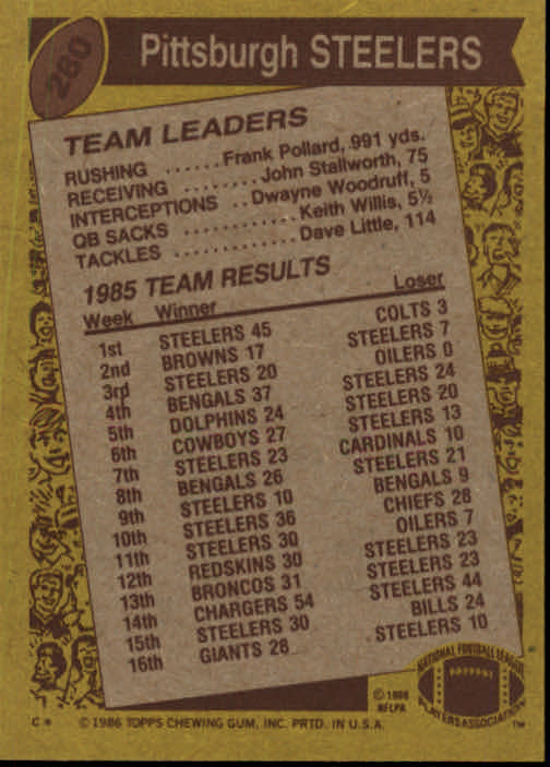 1986 Topps #280 Steelers TL/(Walter Abercrombie Inches) back image