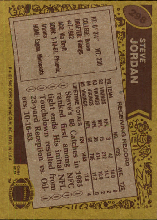 1986 Topps #298 Steve Jordan RC back image