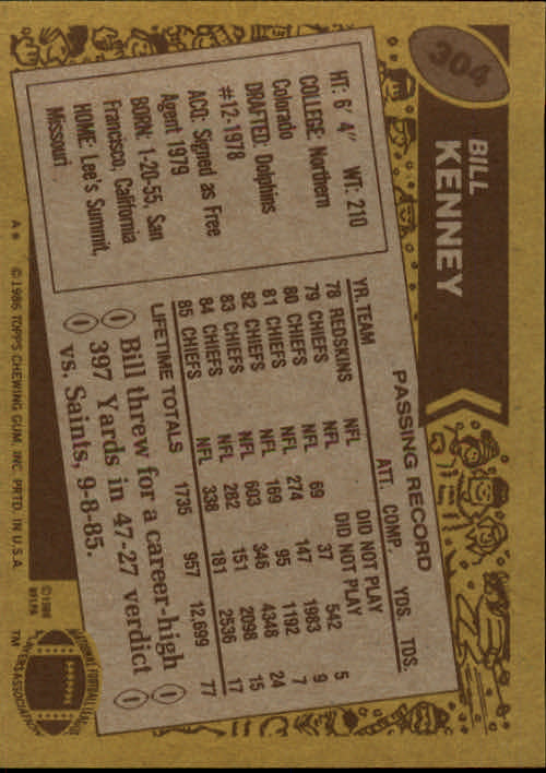 1986 Topps #304 Bill Kenney back image