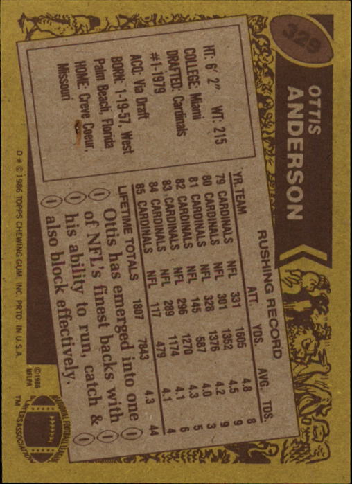 1986 Topps #329 Ottis Anderson back image
